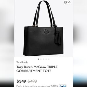 Tory Burch Black Pebbled Leather Tote - 3 Compartment, Middle Zipper